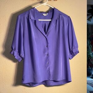 VINTAGE SK & Company purple Satin like short balloon sleeve blouse top size 14 e